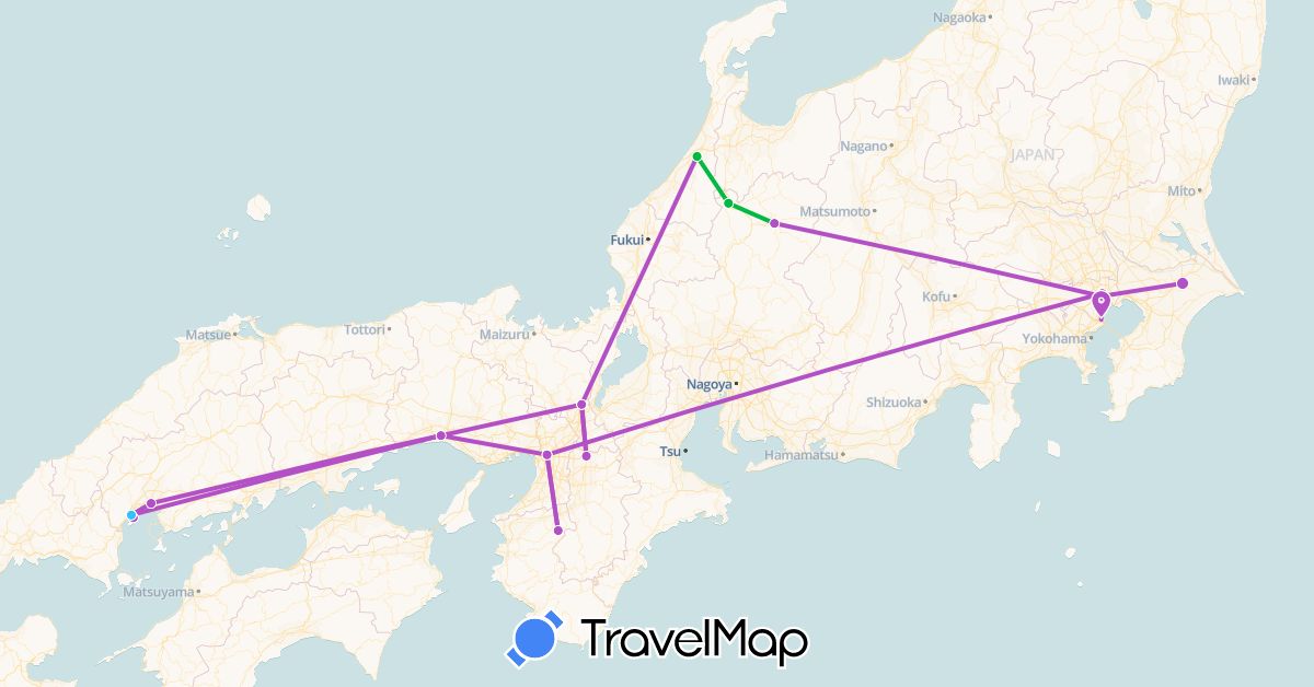 TravelMap itinerary: bus, plane, train, boat in Japan (Asia)